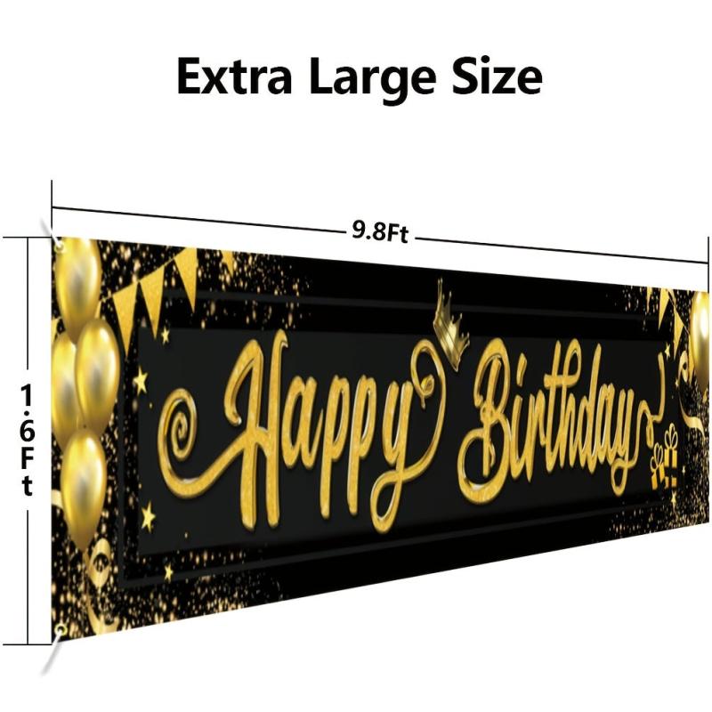 1pc Birthday Banner 9.8x1.6ft & Golden Happy Birthday Backdrop
