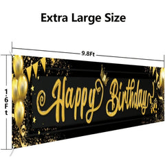 1pc Birthday Banner 9.8x1.6ft & Golden Happy Birthday Backdrop