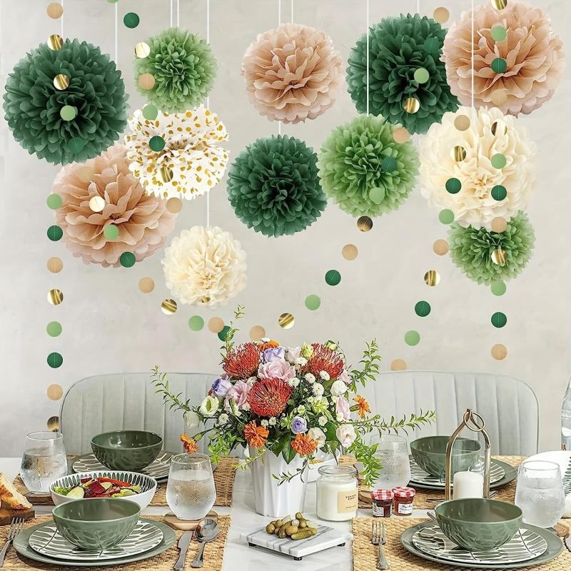 15pcs Green Tissue Pom Poms Wedding Party Decorations Kit Dots Garland