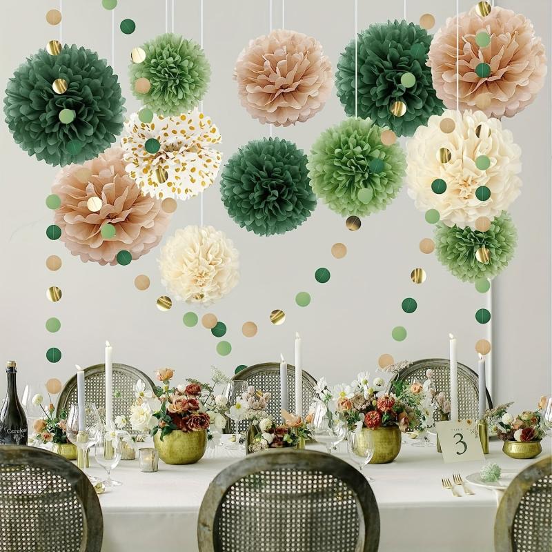 15pcs Green Tissue Pom Poms Wedding Party Decorations Kit Dots Garland