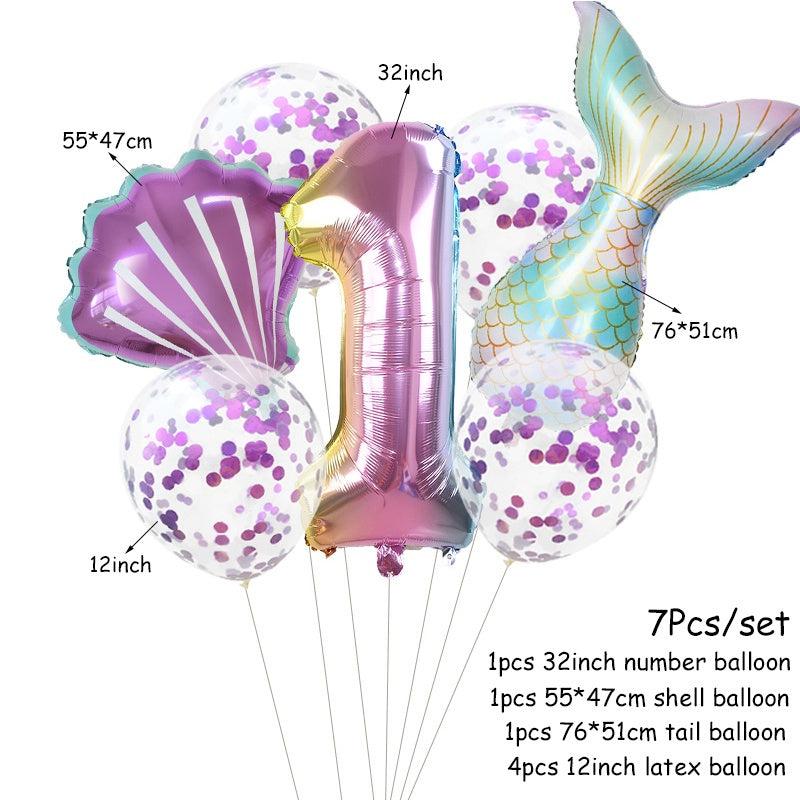 7pcs Mermaid Balloon Set Ocean Style Number Shaped Balloons