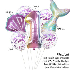 7pcs Mermaid Balloon Set Ocean Style Number Shaped Balloons