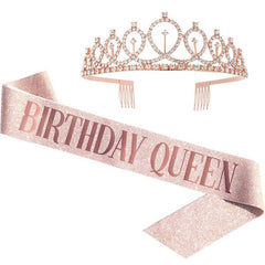 Rhinestone Crystal Birthday Crown Tiara for Women with Rose Satin Sash