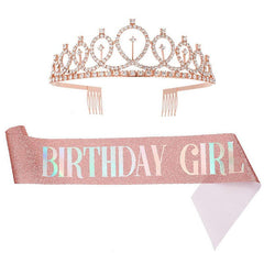 Rhinestone Crystal Birthday Crown Tiara for Women with Rose Satin Sash