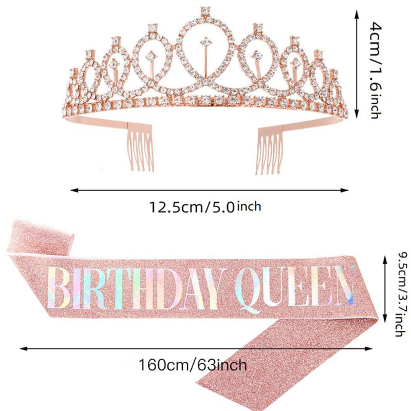 Rhinestone Crystal Birthday Crown Tiara for Women with Rose Satin Sash