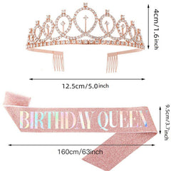 Rhinestone Crystal Birthday Crown Tiara for Women with Rose Satin Sash
