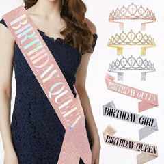 Rhinestone Crystal Birthday Crown Tiara for Women with Rose Satin Sash