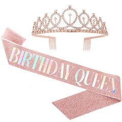 Rhinestone Crystal Birthday Crown Tiara for Women with Rose Satin Sash