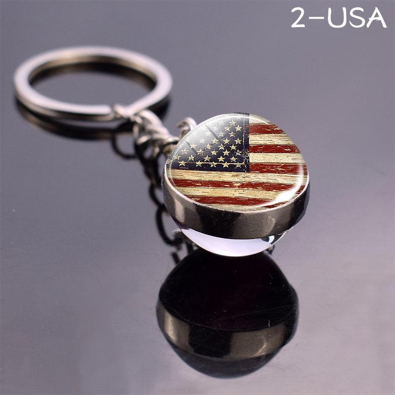 Patriotic Flag Keychain Glass Ball Ring with World Flag