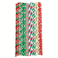 25pcs Christmas Paper Straws Santa & Tree Party Decor Disposable Drink Straws