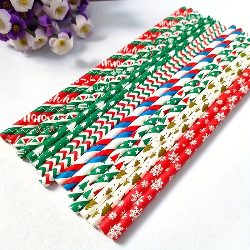 25pcs Christmas Paper Straws Santa & Tree Party Decor Disposable Drink Straws
