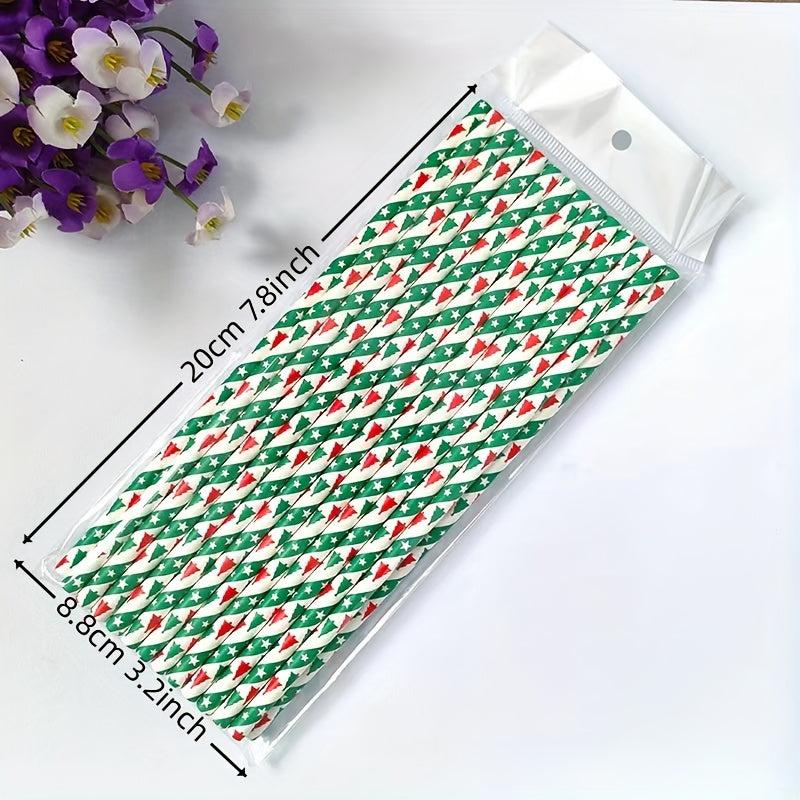 25pcs Christmas Paper Straws Santa & Tree Party Decor Disposable Drink Straws