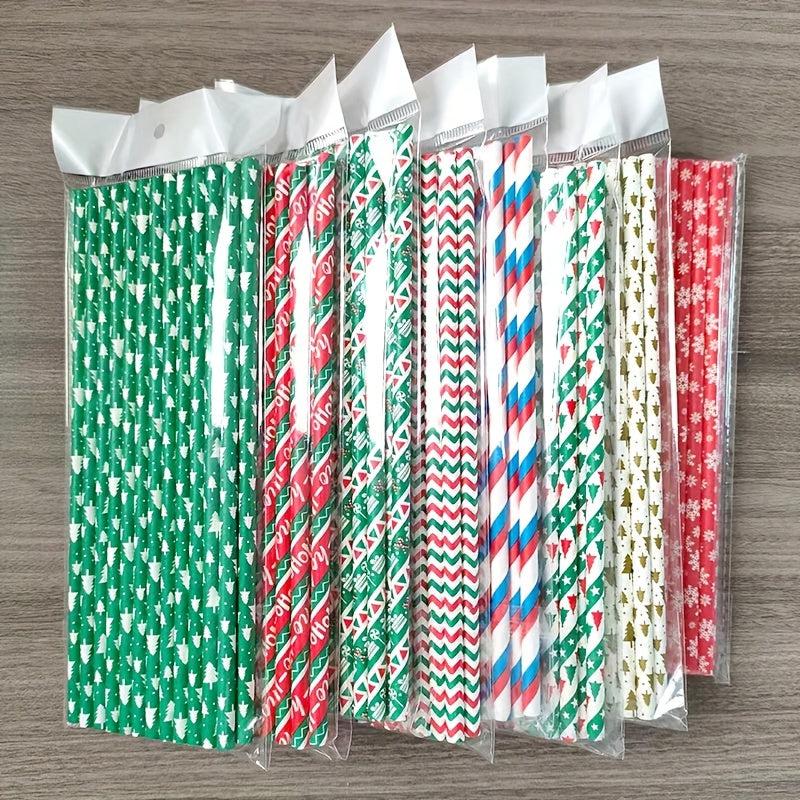 25pcs Christmas Paper Straws Santa & Tree Party Decor Disposable Drink Straws