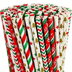 25pcs Christmas Paper Straws Santa & Tree Party Decor Disposable Drink Straws