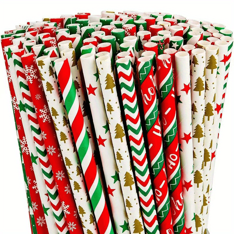 25pcs Christmas Paper Straws Santa & Tree Party Decor Disposable Drink Straws