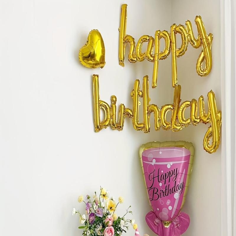 Happy Birthday Balloons Banner Golden Letter Foil Mylar Sign