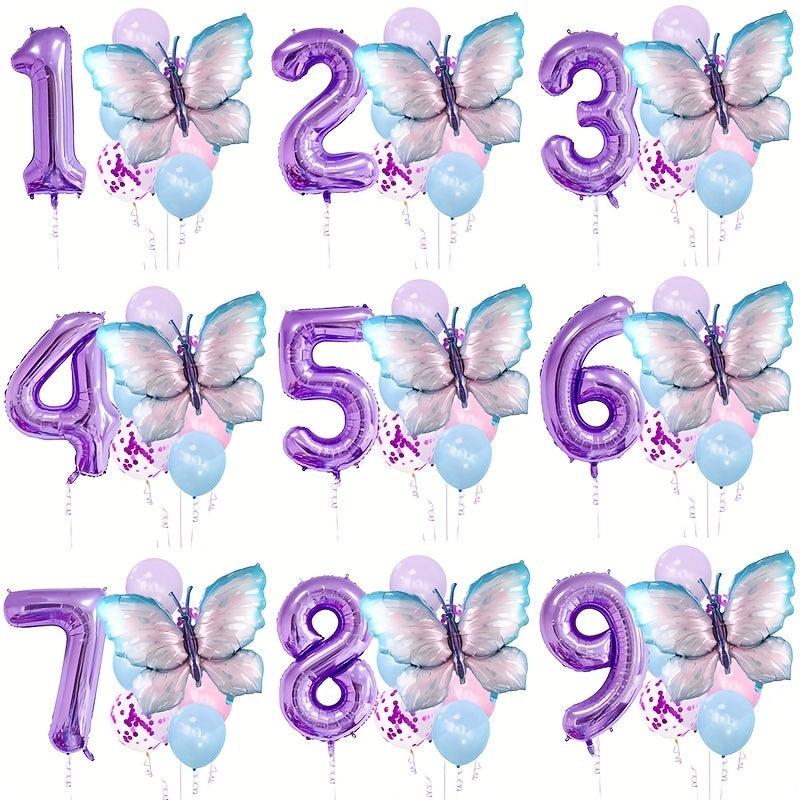 11pcs Purple Butterfly Foil Balloons Number Ballons Happy Birthday Party Decorat