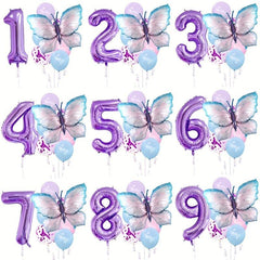 11pcs Purple Butterfly Foil Balloons Number Ballons Happy Birthday Party Decorat
