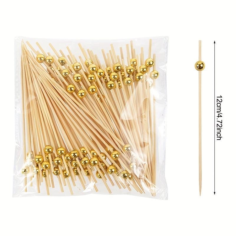 100pcs Golden Pearl Bamboo Food Picks for Parties and Desserts