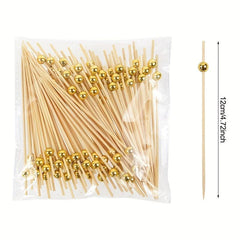 100pcs Golden Pearl Bamboo Food Picks for Parties and Desserts