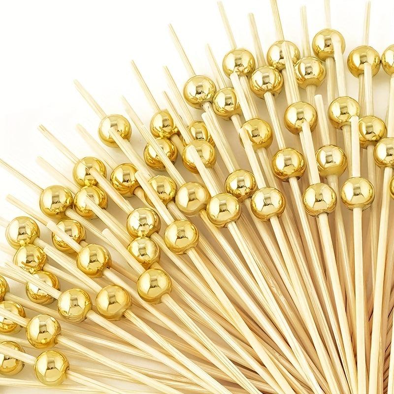 100pcs Golden Pearl Bamboo Food Picks for Parties and Desserts