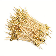 100pcs Golden Pearl Bamboo Food Picks for Parties and Desserts