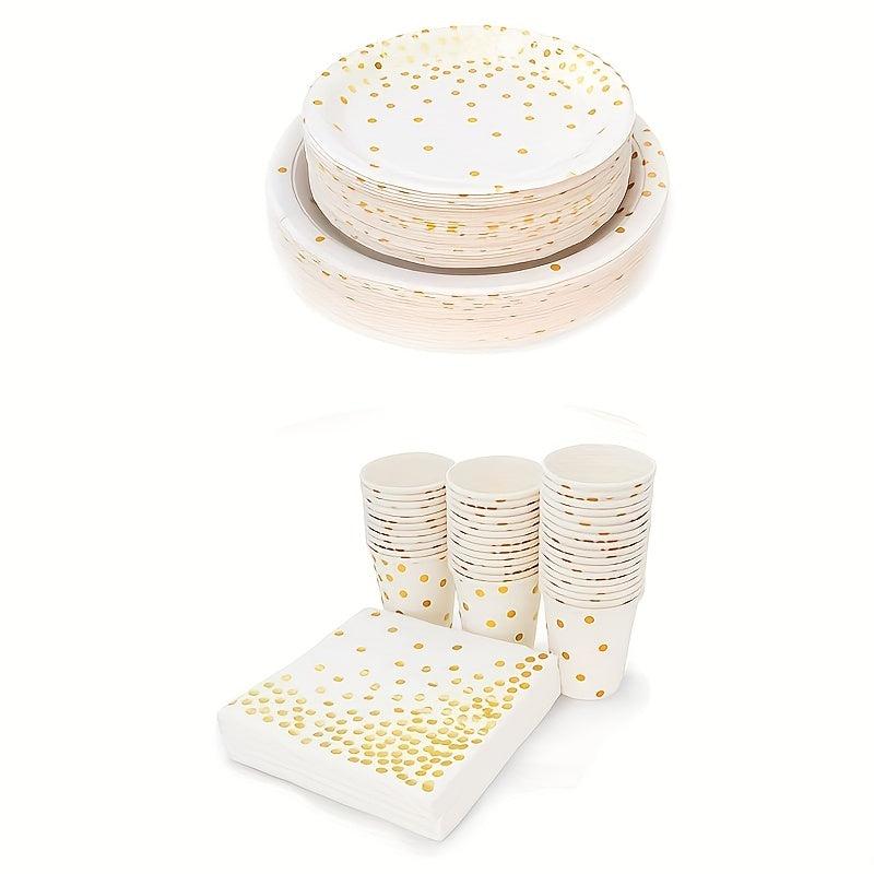 24pcs Disposable Party Cutlery Set Golden Dot Dinner Plate Napkin Paper Cup Wedd