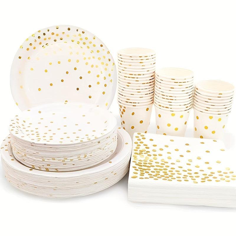 24pcs Disposable Party Cutlery Set Golden Dot Dinner Plate Napkin Paper Cup Wedd