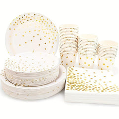 24pcs Disposable Party Cutlery Set Golden Dot Dinner Plate Napkin Paper Cup Wedd