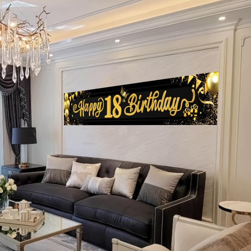 Large Golden Happy 18th Birthday Banner for Photo Props and Party Supplies