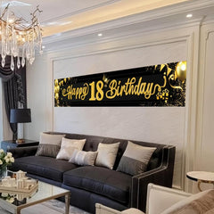 Large Golden Happy 18th Birthday Banner for Photo Props and Party Supplies