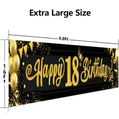 Large Golden Happy 18th Birthday Banner for Photo Props and Party Supplies