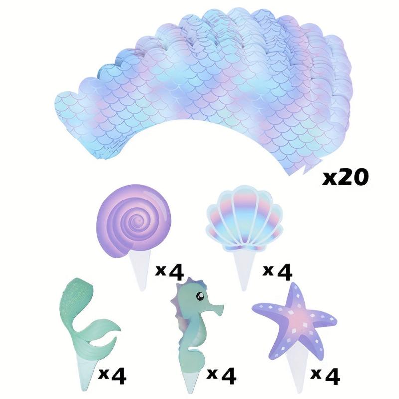 Mermaid Cupcake Toppers Wrappers for Baby Shower and Birthday Party