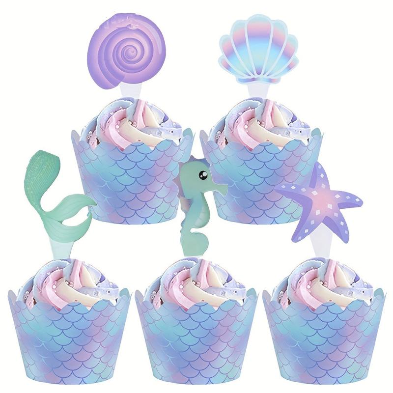 Mermaid Cupcake Toppers Wrappers for Baby Shower and Birthday Party