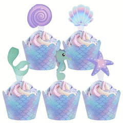 Mermaid Cupcake Toppers Wrappers for Baby Shower and Birthday Party