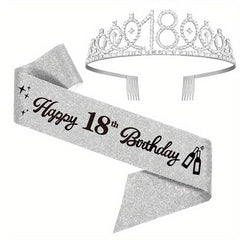 2pcs 18th Birthday Tiara and Sash Set Crown and Sash for Girls' Party Supplies