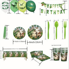 Dinosaur Theme Party Set with Tableware, Balloons, Tablecloth, Banner