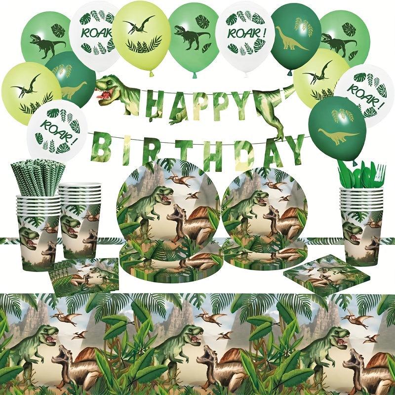 Dinosaur Theme Party Set with Tableware, Balloons, Tablecloth, Banner
