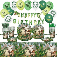Dinosaur Theme Party Set with Tableware, Balloons, Tablecloth, Banner