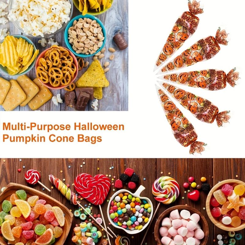 100pcs Halloween Cone Bags Pumpkin Cellophane Trick Or Treat Bags