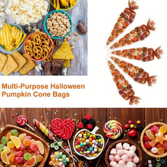 100pcs Halloween Cone Bags Pumpkin Cellophane Trick Or Treat Bags