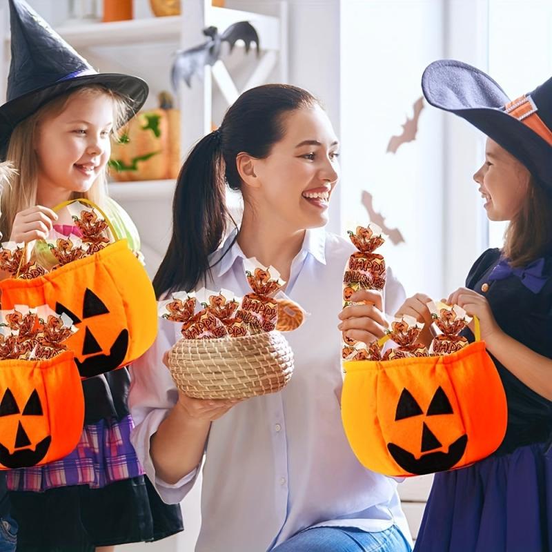 100pcs Halloween Cone Bags Pumpkin Cellophane Trick Or Treat Bags