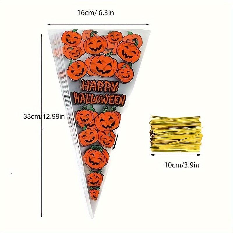 100pcs Halloween Cone Bags Pumpkin Cellophane Trick Or Treat Bags