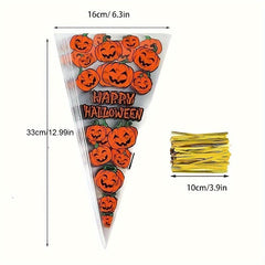 100pcs Halloween Cone Bags Pumpkin Cellophane Trick Or Treat Bags