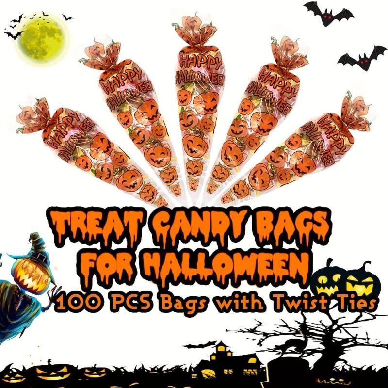 100pcs Halloween Cone Bags Pumpkin Cellophane Trick Or Treat Bags