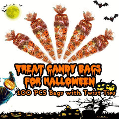 100pcs Halloween Cone Bags Pumpkin Cellophane Trick Or Treat Bags