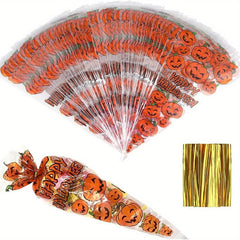 100pcs Halloween Cone Bags Pumpkin Cellophane Trick Or Treat Bags