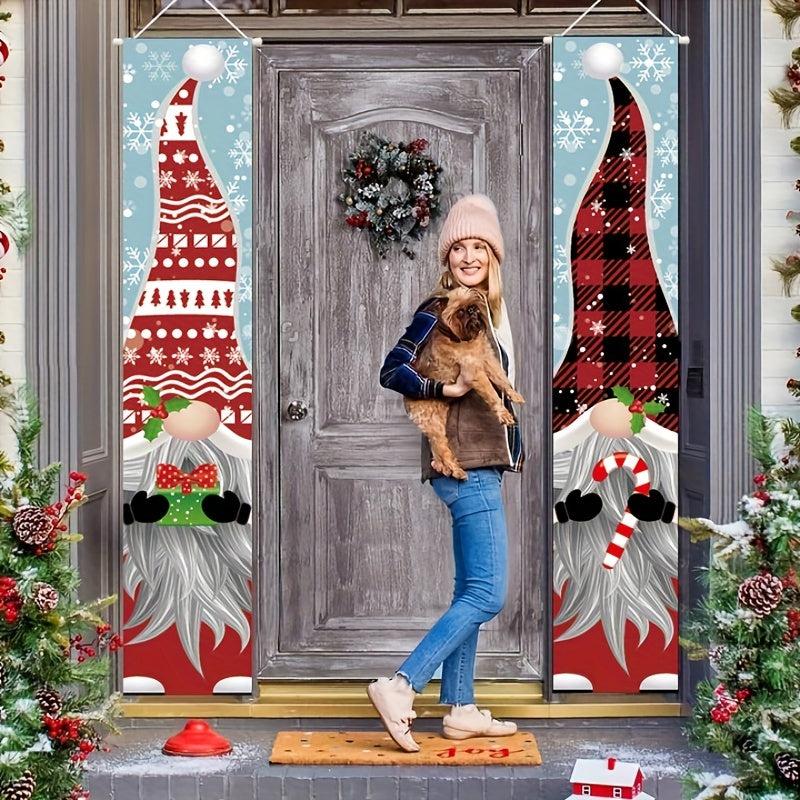 2pcs Christmas Gnomes Porch Sign Banners Hanging Decor Xmas Holiday Decor