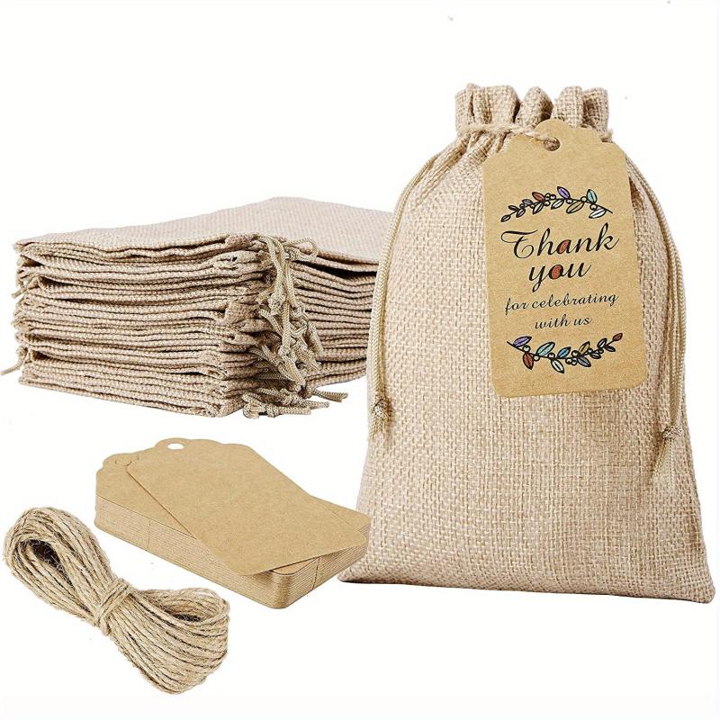 25pcs Burlap Gift Bags With Drawstring And Gift Tags String 4x6 Inch