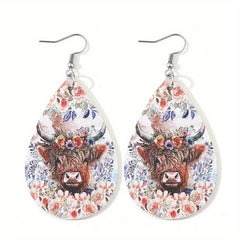 Highland Cow Leopard Earrings Psychedelic Mushroom Print Water Drop Dangle Earri